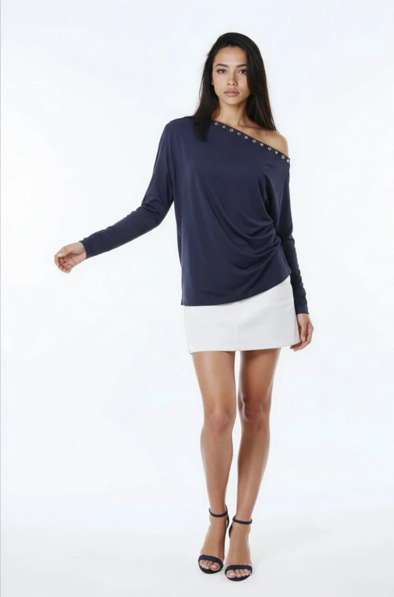 Kadın Kayık Yaka Yarasa Kol Yakası Troklu Lycralı Penye Bluz