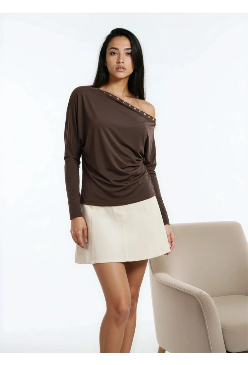 Kadın Kayık Yaka Yarasa Kol Yakası Troklu Lycralı Penye Bluz