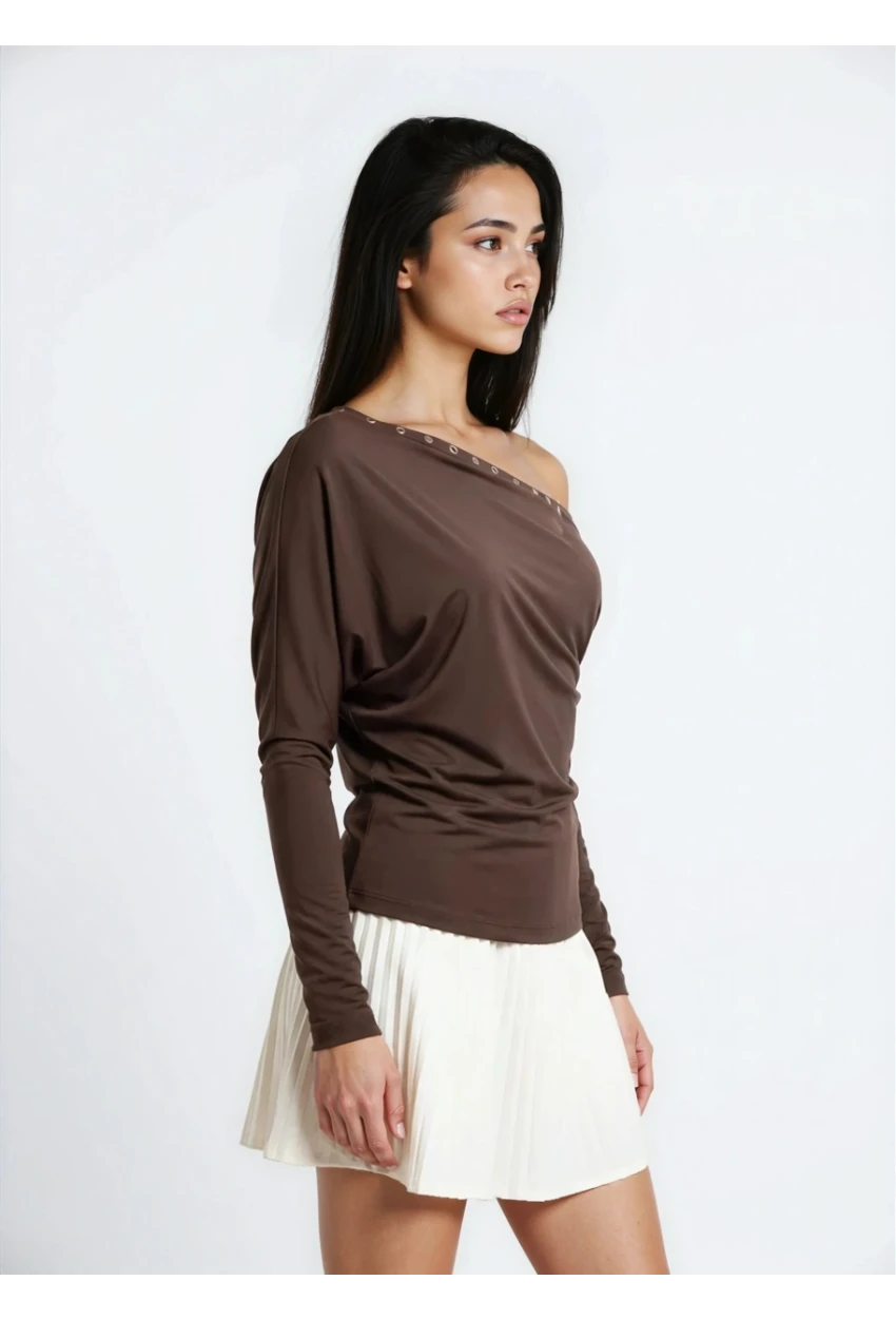 Kadın Kayık Yaka Yarasa Kol Yakası Troklu Lycralı Penye Bluz