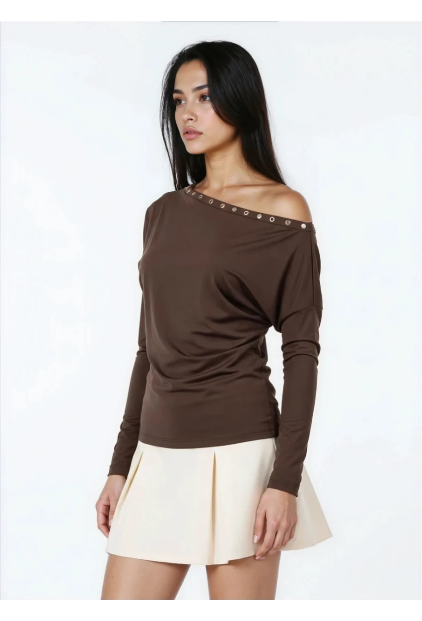 Kadın Kayık Yaka Yarasa Kol Yakası Troklu Lycralı Penye Bluz