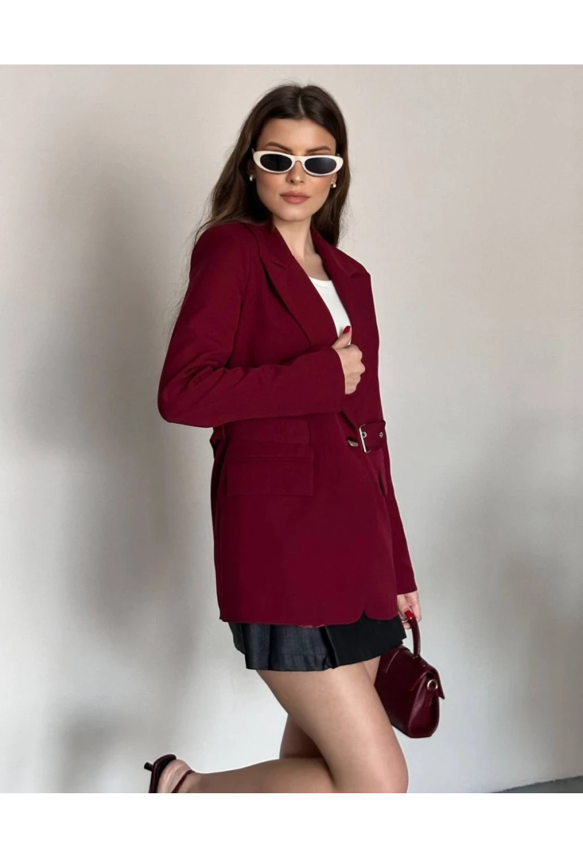 Kadın Kemerli Toka Detay Premium Blazer Ceket Bordo