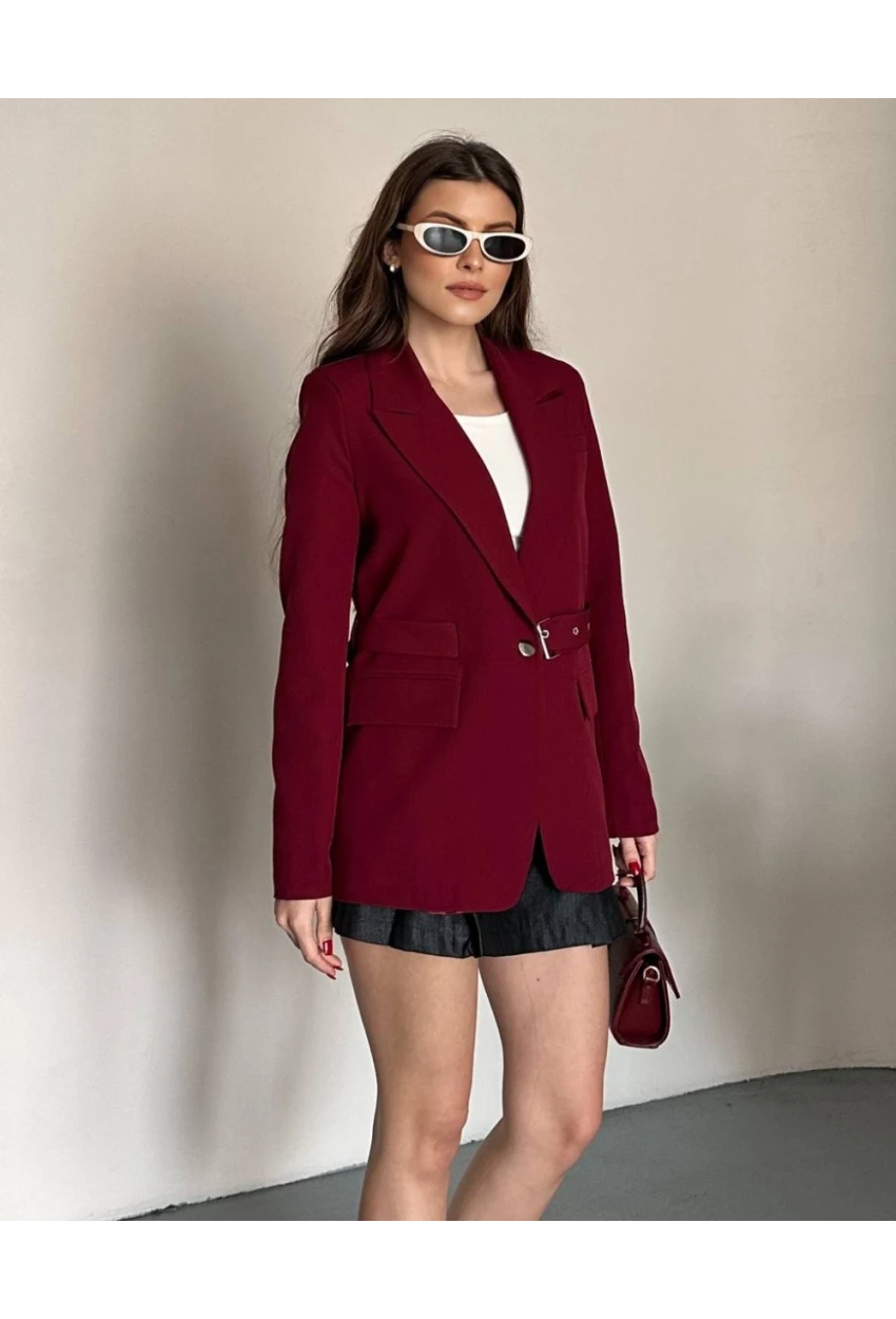 Kadın Kemerli Toka Detay Premium Blazer Ceket Bordo