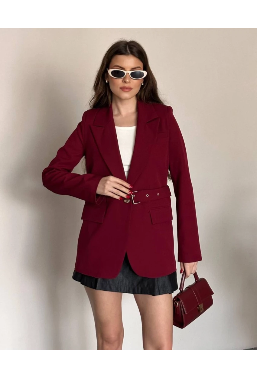 Kadın Kemerli Toka Detay Premium Blazer Ceket Bordo
