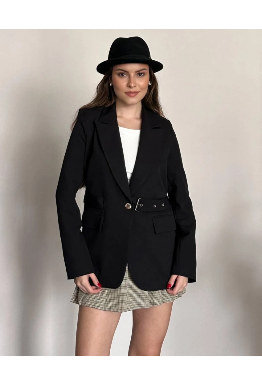 Kadın Kemerli Toka Detay Premium Blazer Ceket Siyah