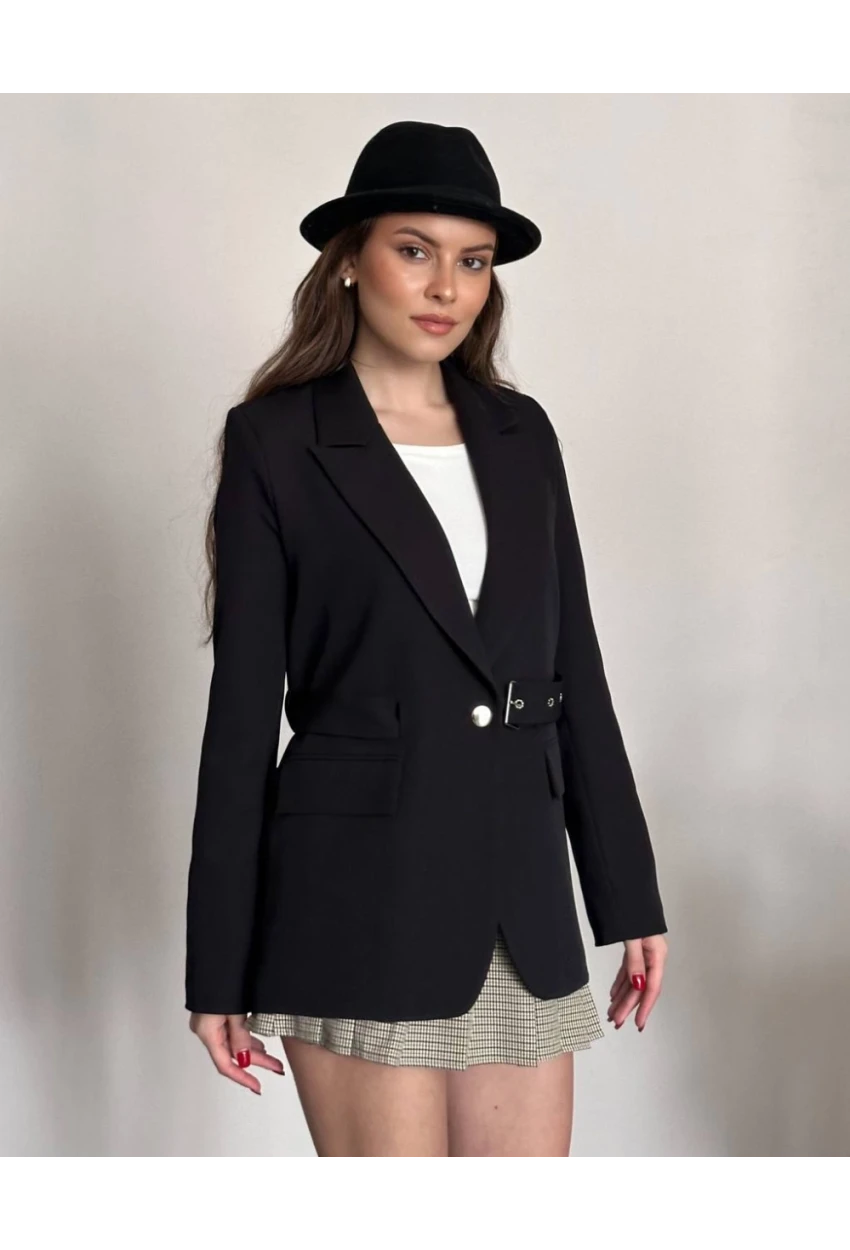 Kadın Kemerli Toka Detay Premium Blazer Ceket Siyah