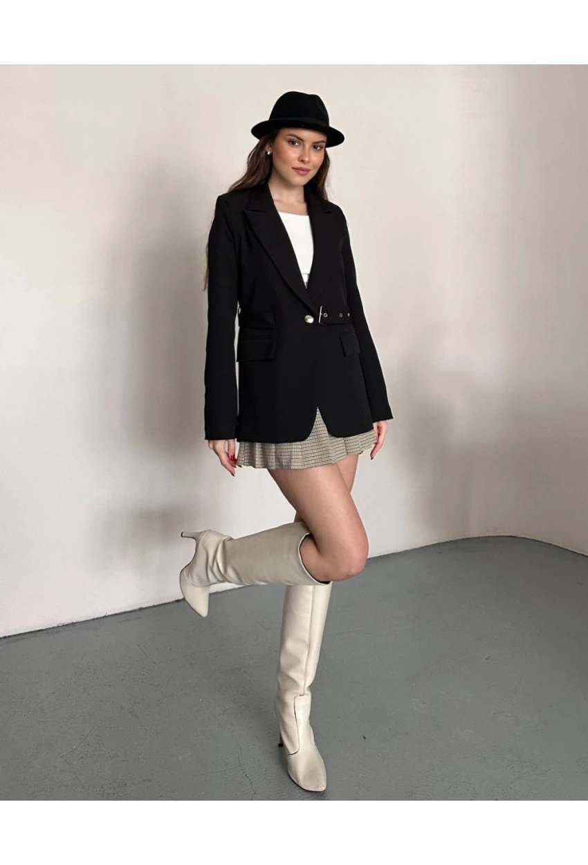 Kadın Kemerli Toka Detay Premium Blazer Ceket Siyah