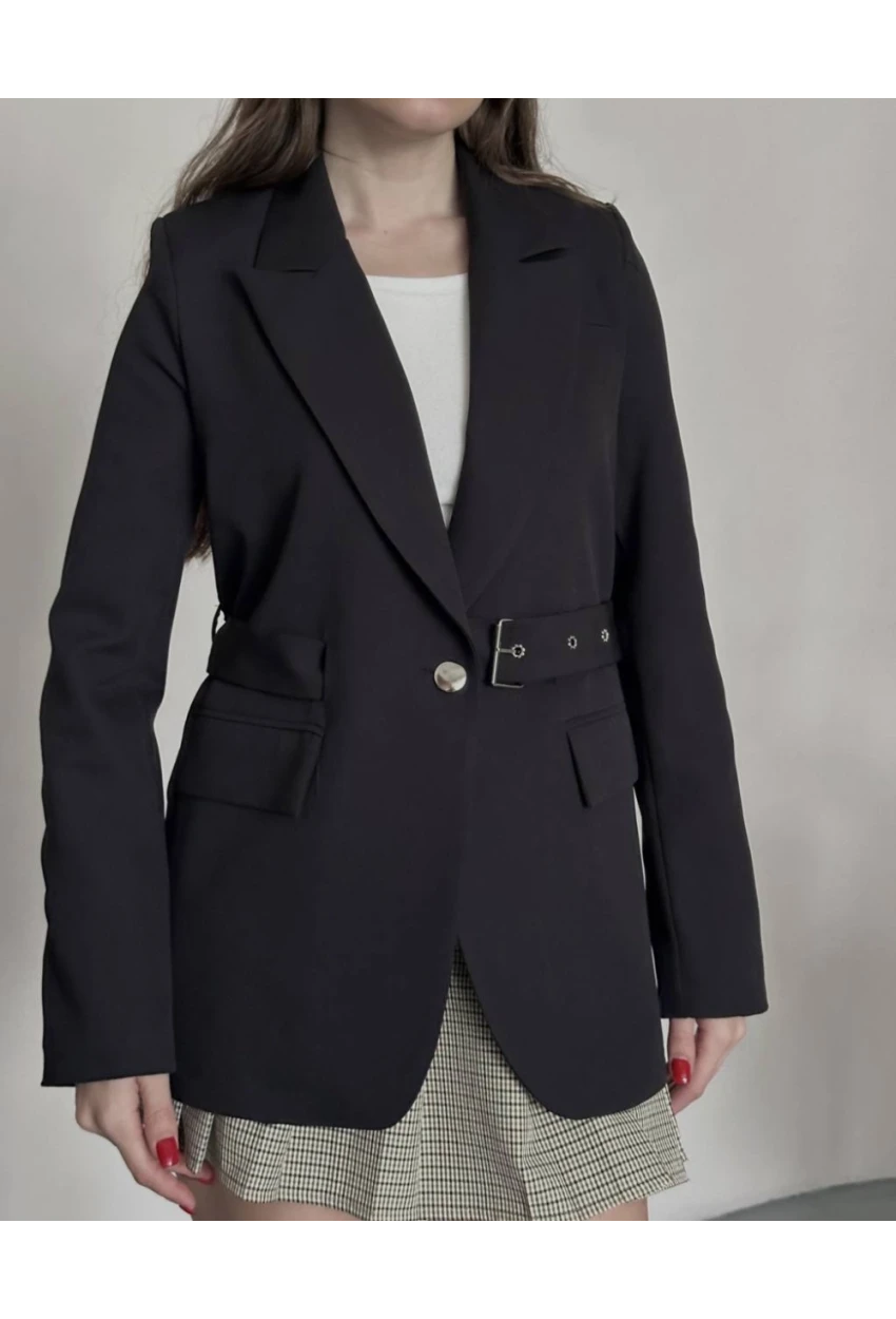 Kadın Kemerli Toka Detay Premium Blazer Ceket Siyah