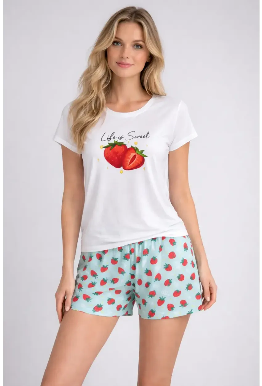 Kadın Kısa Kollu Pijama Takımı Şortlu Yazlık Rahat Kalıp Ev Giyim