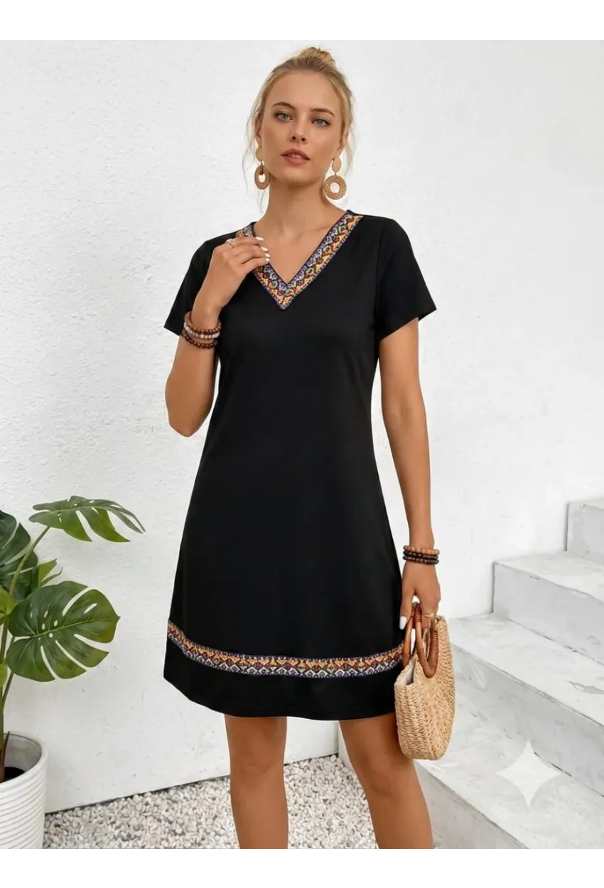 Kadın Kısa Kollu V Yaka Etnik Şerit Detaylı Viskon Elbise