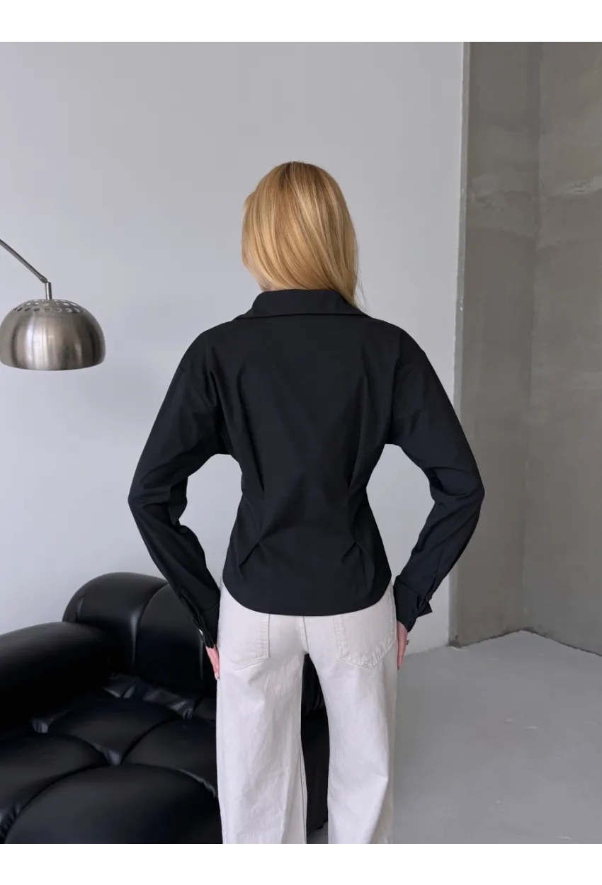 Kadın Korse Detaylı Gold Düğmeli Siyah Gömlek