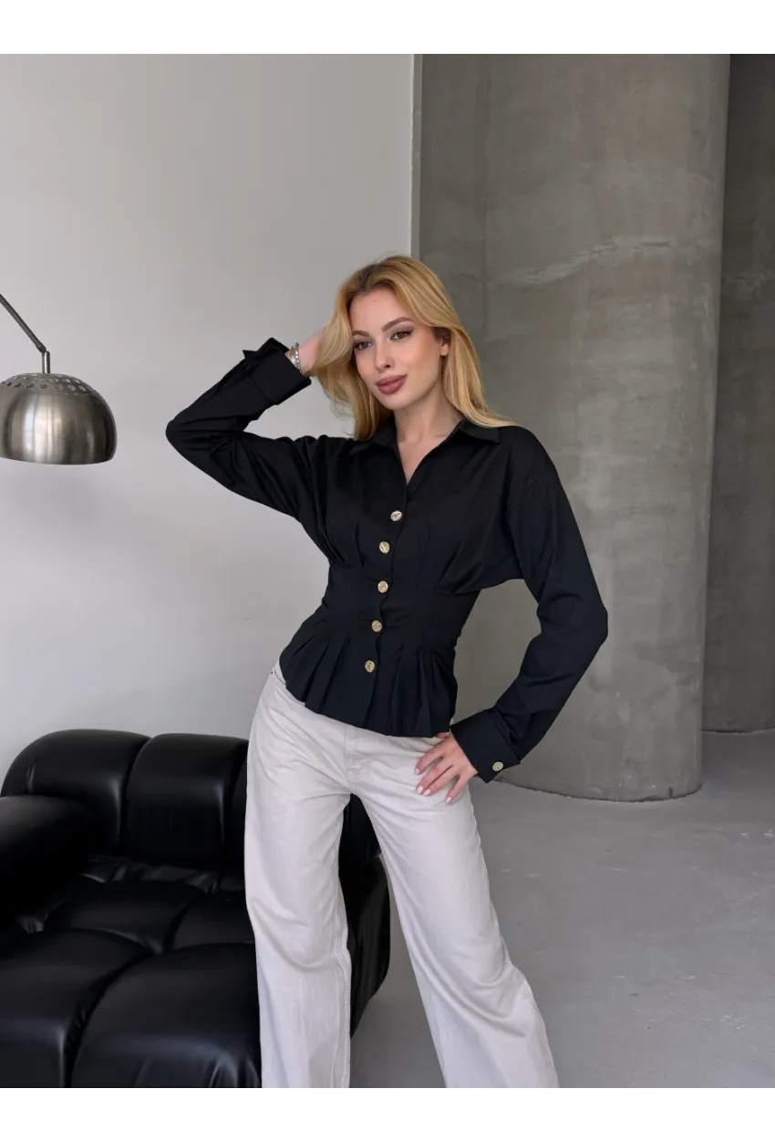 Kadın Korse Detaylı Gold Düğmeli Siyah Gömlek