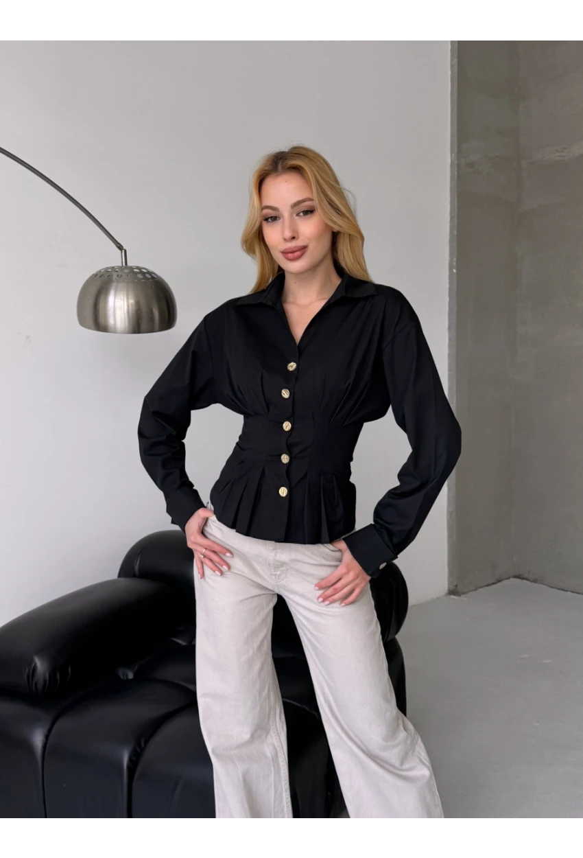 Kadın Korse Detaylı Gold Düğmeli Siyah Gömlek