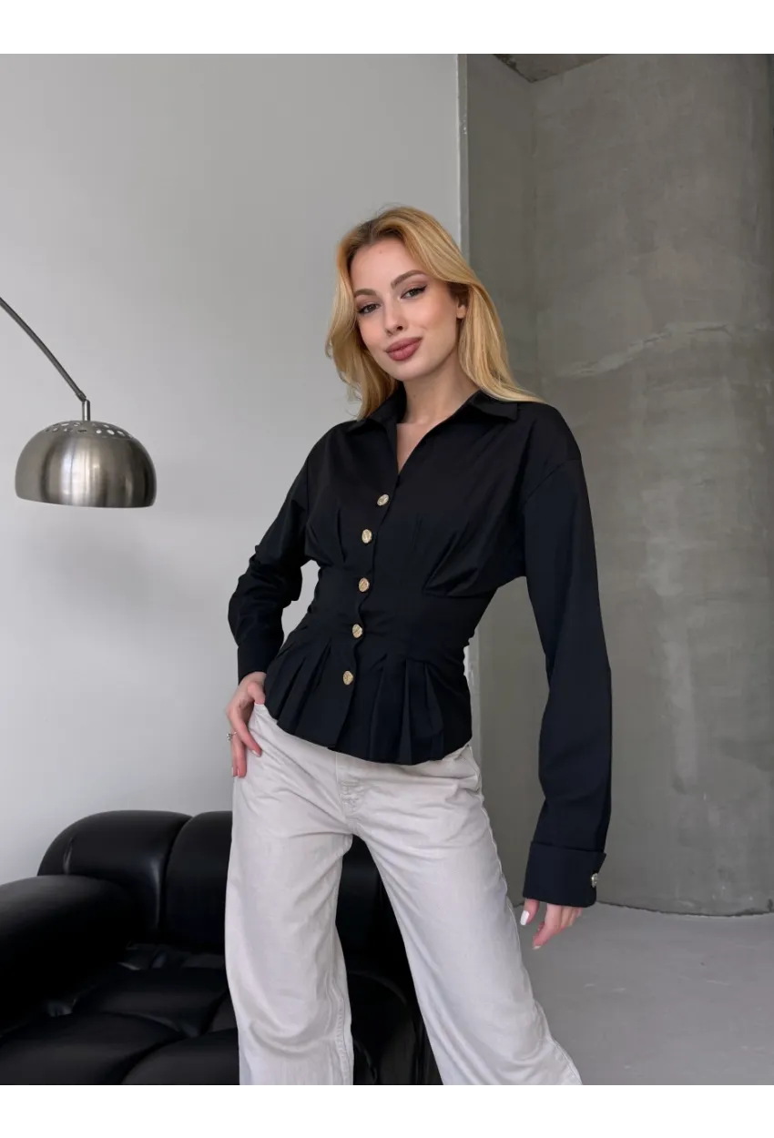 Kadın Korse Detaylı Gold Düğmeli Siyah Gömlek