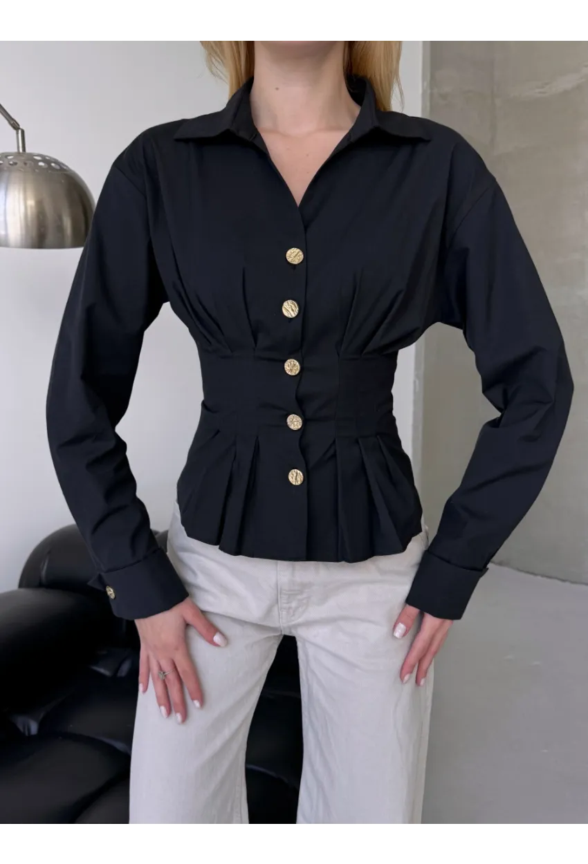 Kadın Korse Detaylı Gold Düğmeli Siyah Gömlek