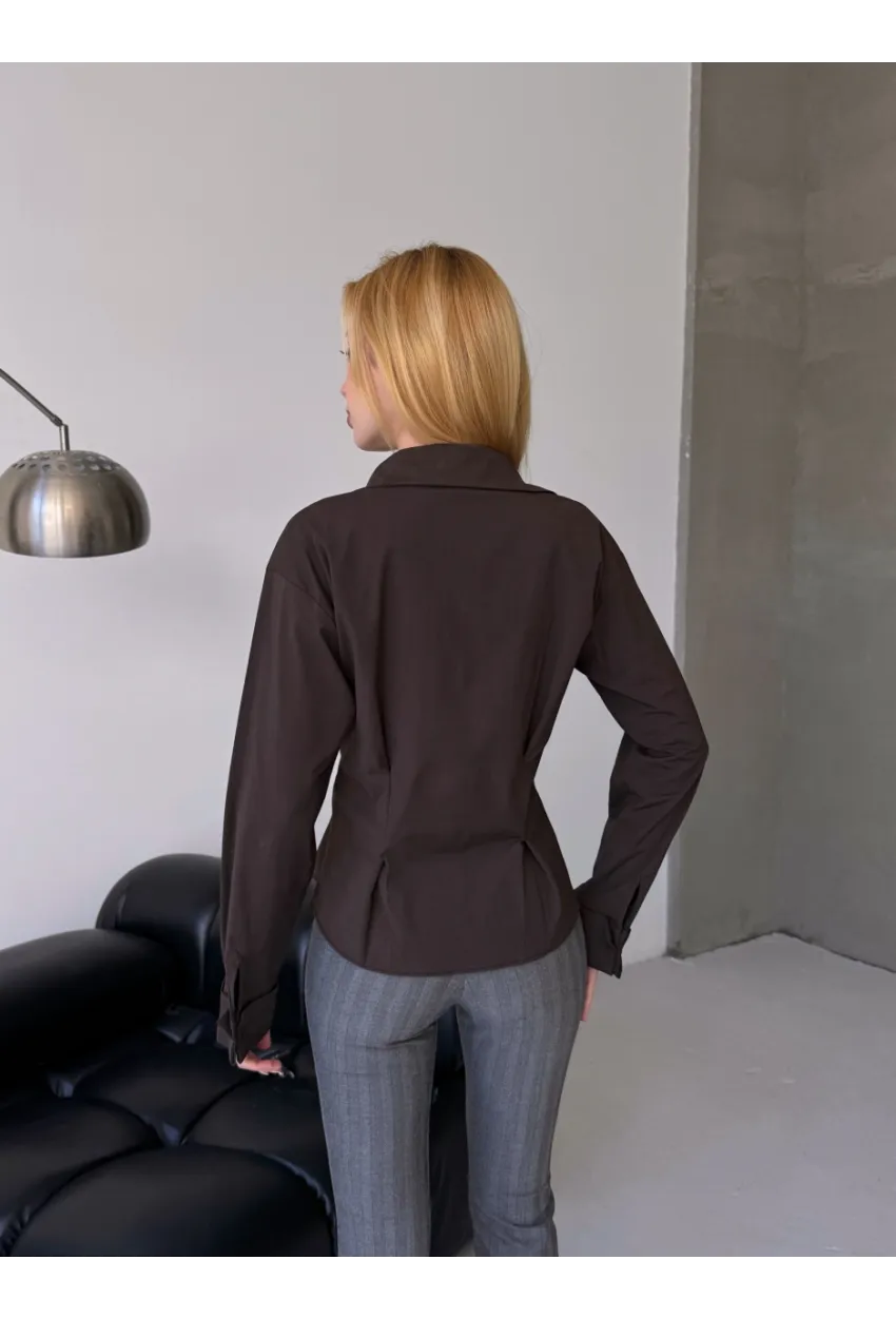 Kadın Korse Detaylı Gold Düğmeli Kahve Gömlek