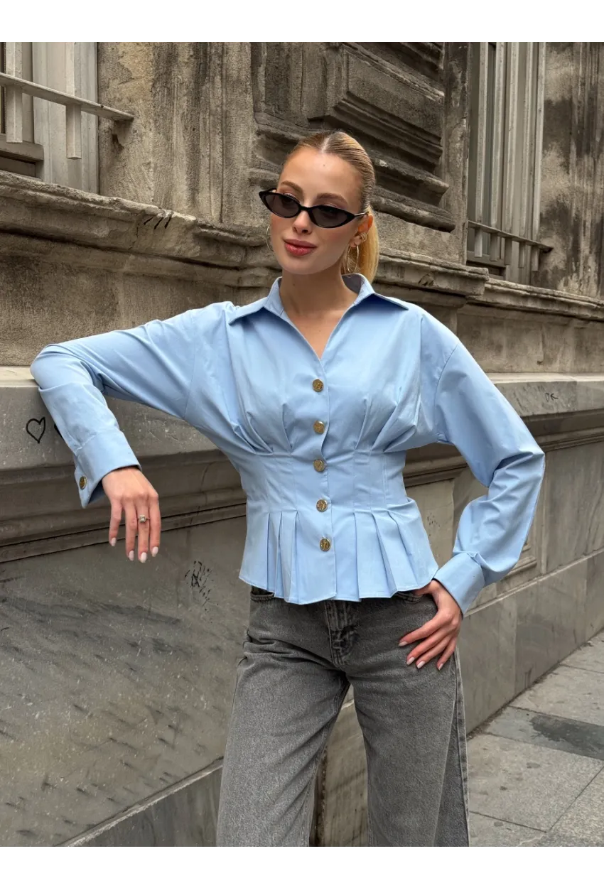 Kadın Korse Detaylı Gold Düğmeli Mavi Gömlek