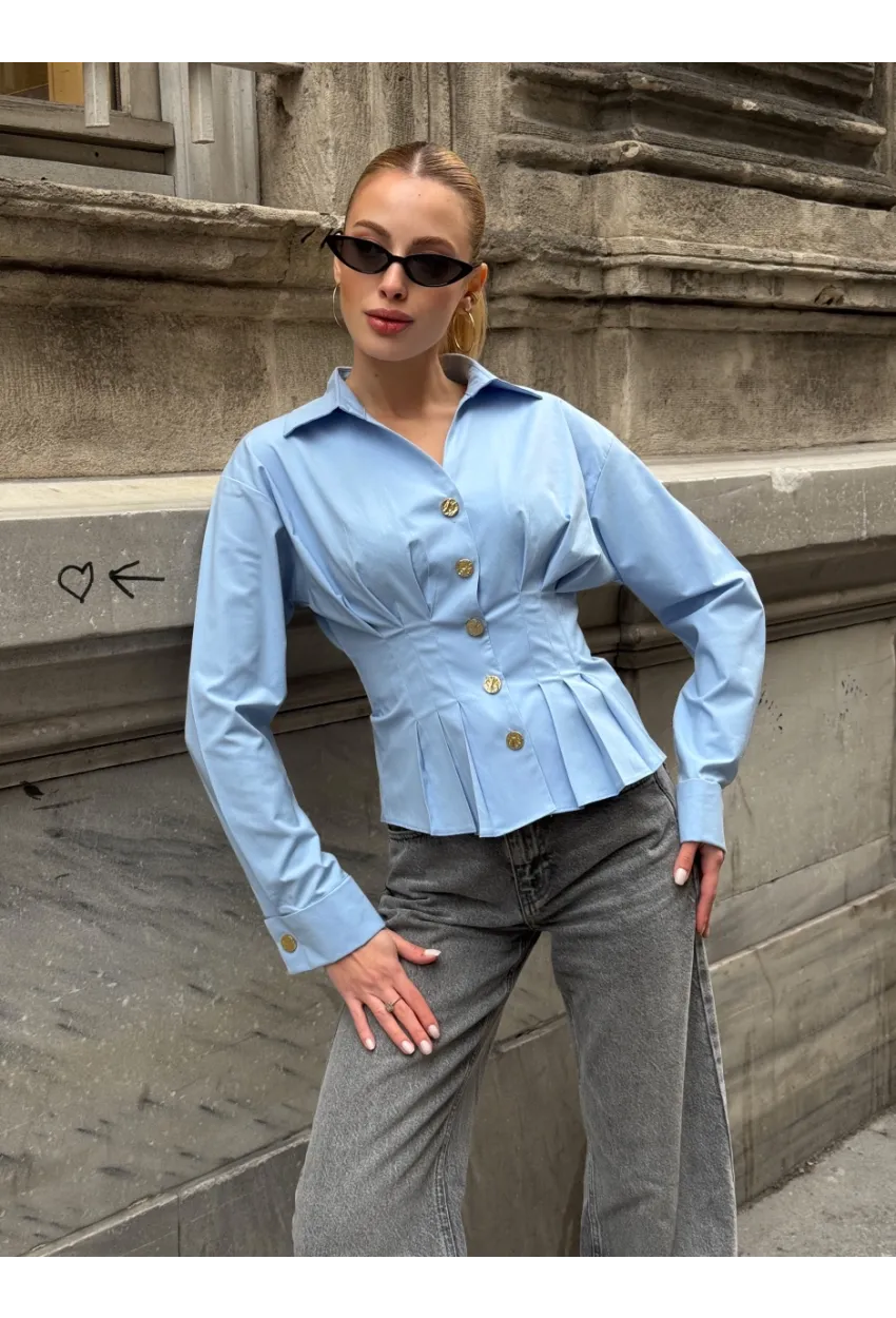 Kadın Korse Detaylı Gold Düğmeli Mavi Gömlek