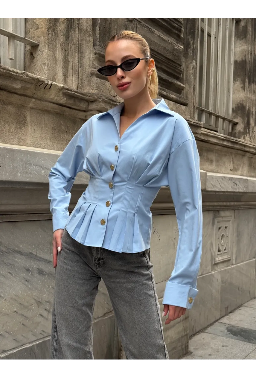 Kadın Korse Detaylı Gold Düğmeli Mavi Gömlek