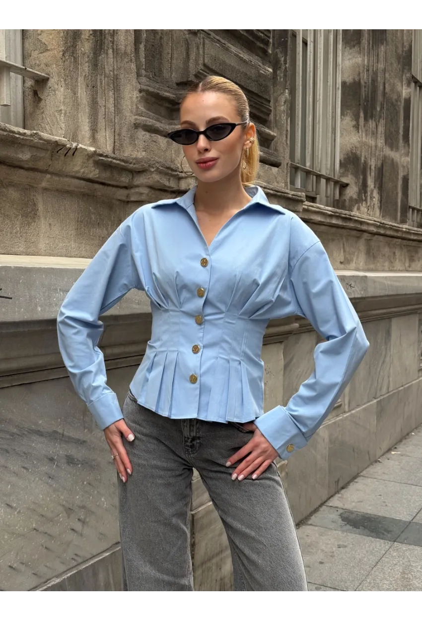 Kadın Korse Detaylı Gold Düğmeli Mavi Gömlek