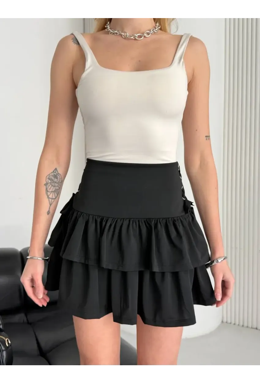 Kadın Kuş Gözü Detaylı Mini Etek Siyah