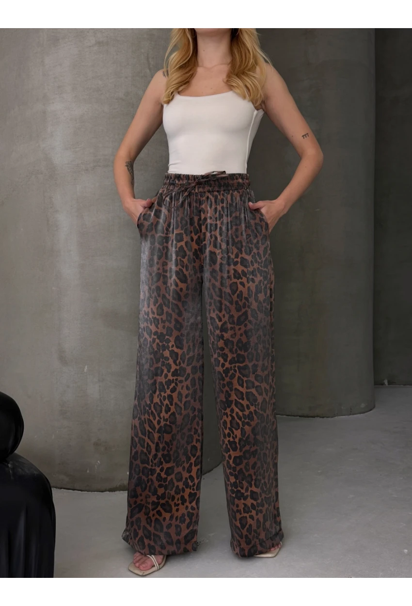 Kadın Leopar Desenli Beli Lastikli Bol Paça Pantalon