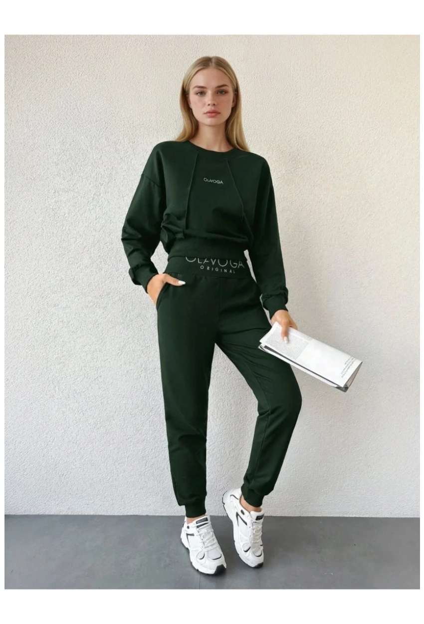 Kadın Logo Baskılı Crop Sweatshirt Jogger Eşofman Takımı