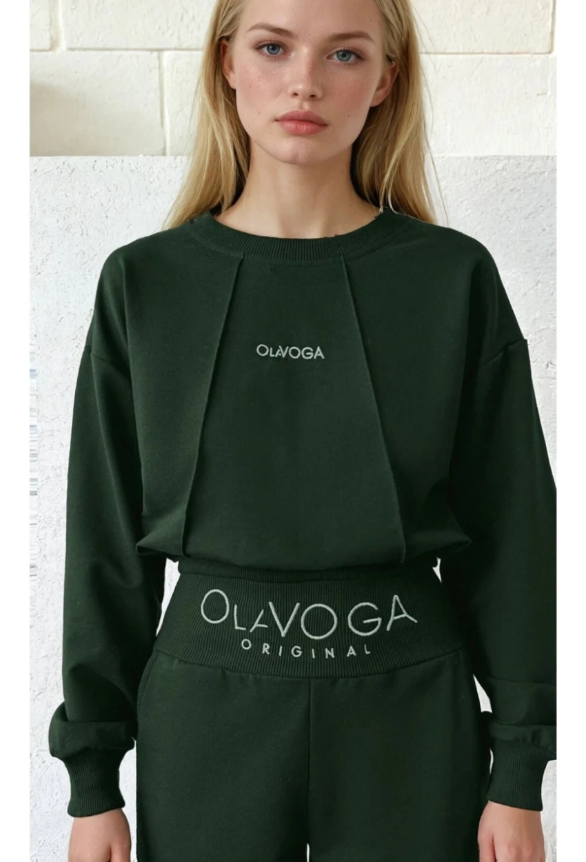 Kadın Logo Baskılı Crop Sweatshirt Jogger Eşofman Takımı