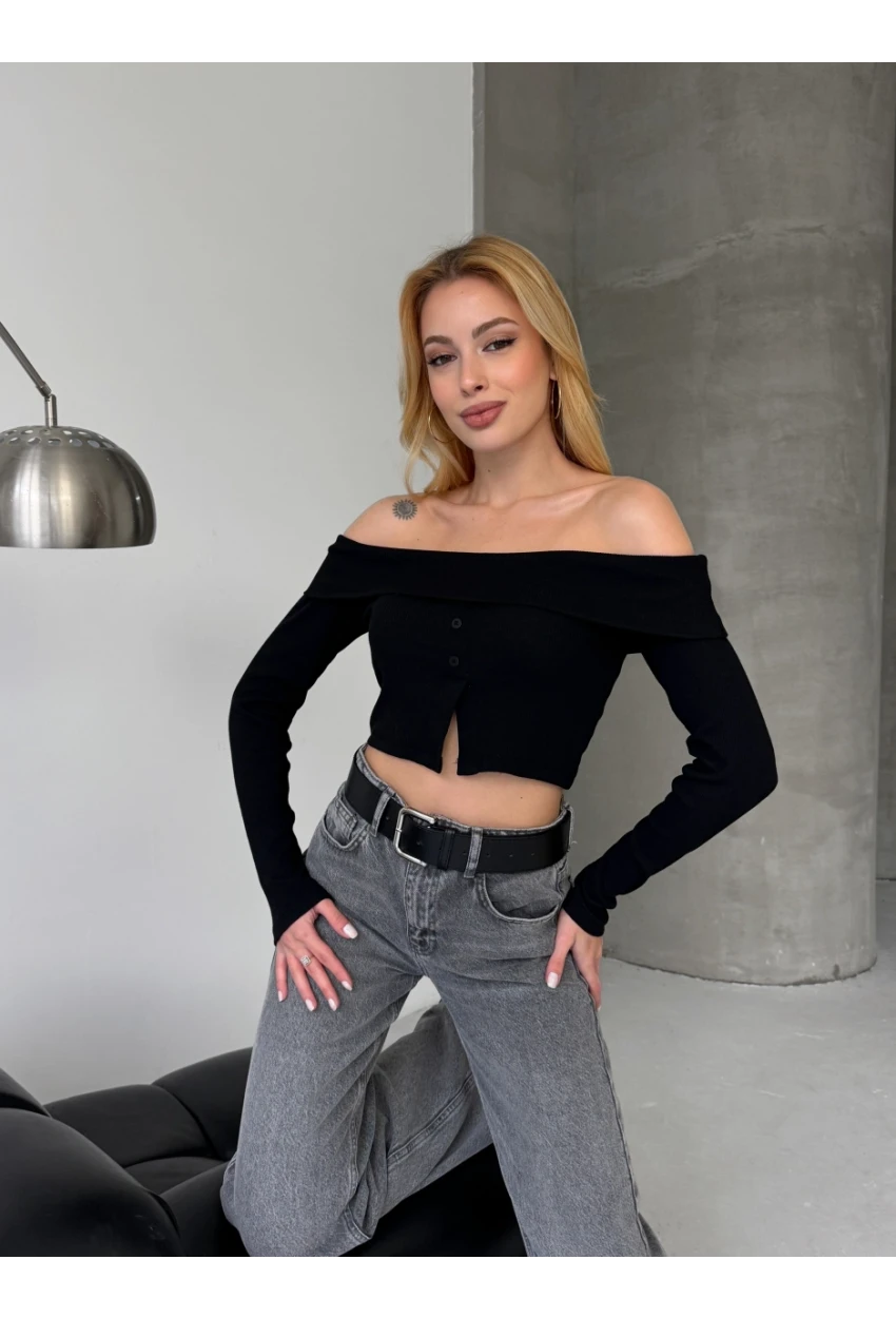 Kadın Madonna Yaka Düğme Detaylı Fitilli Crop Bluz Siyah