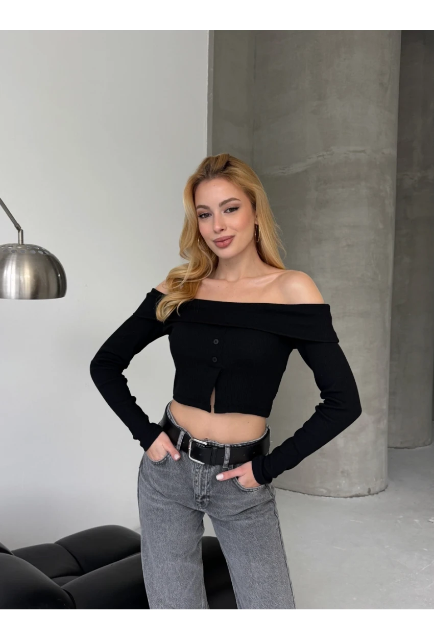 Kadın Madonna Yaka Düğme Detaylı Fitilli Crop Bluz Siyah