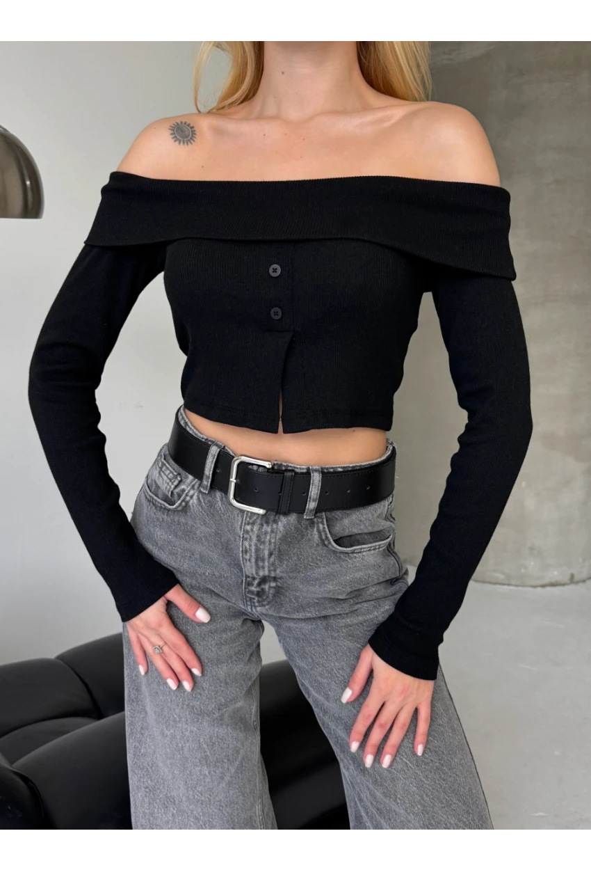 Kadın Madonna Yaka Düğme Detaylı Fitilli Crop Bluz Siyah