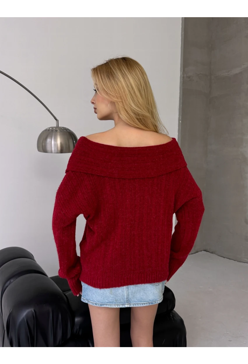 Kadın Madonna Yaka Triko Bordo