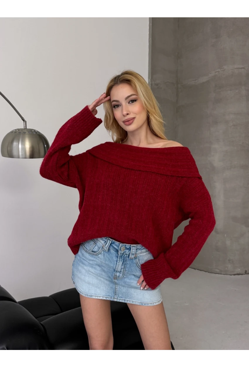 Kadın Madonna Yaka Triko Bordo