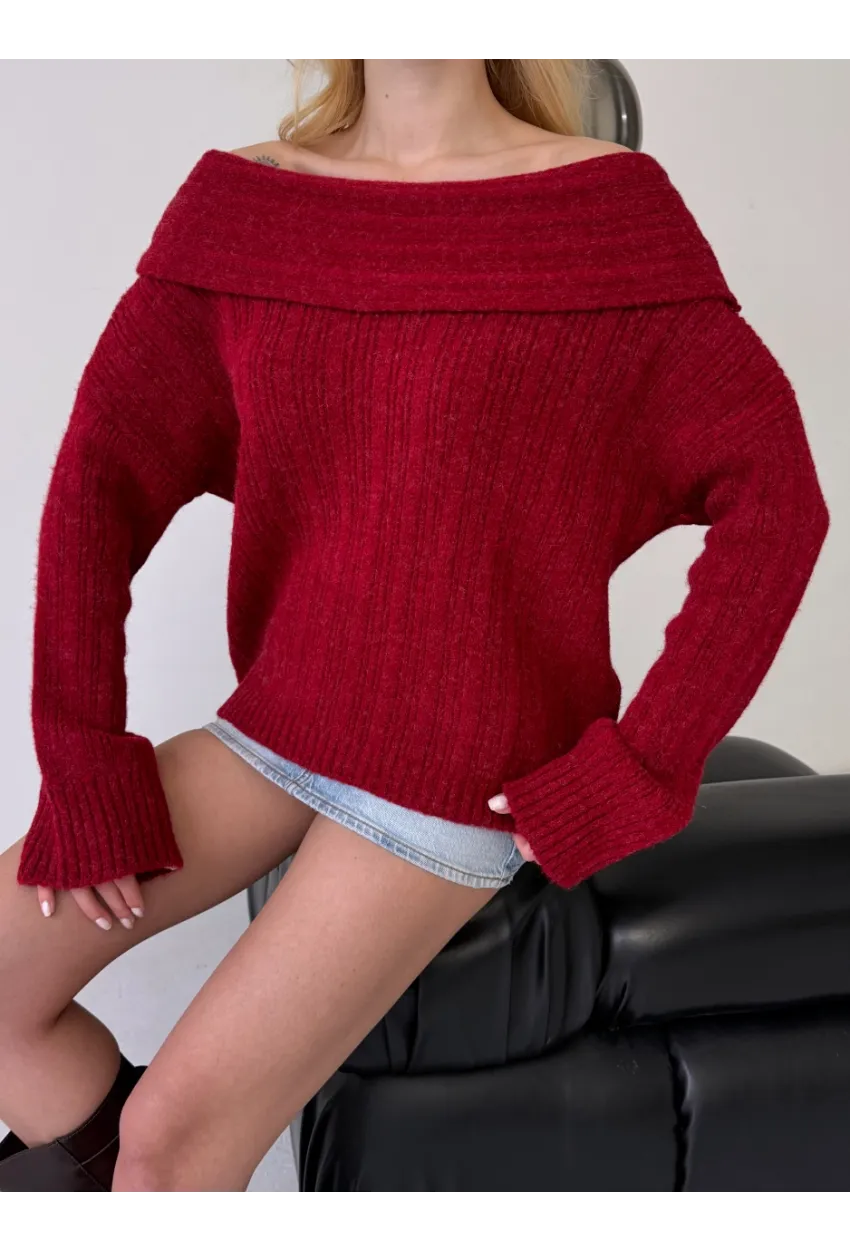 Kadın Madonna Yaka Triko Bordo