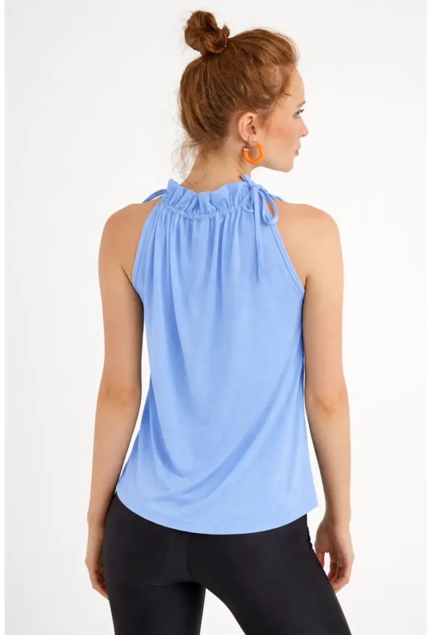 Kadın Mavi Yakası Fırfırlı Kolsuz Bluz BTH01