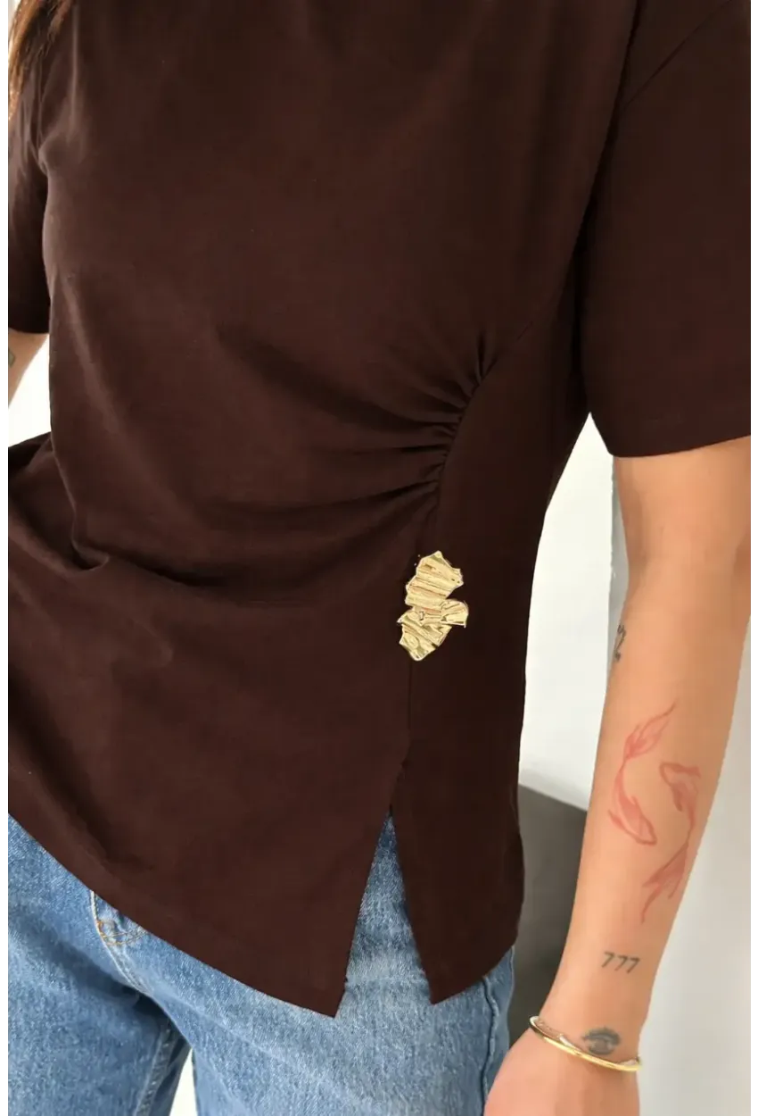 Kadın Metal Detaylı Drapeli Bluz Kahve