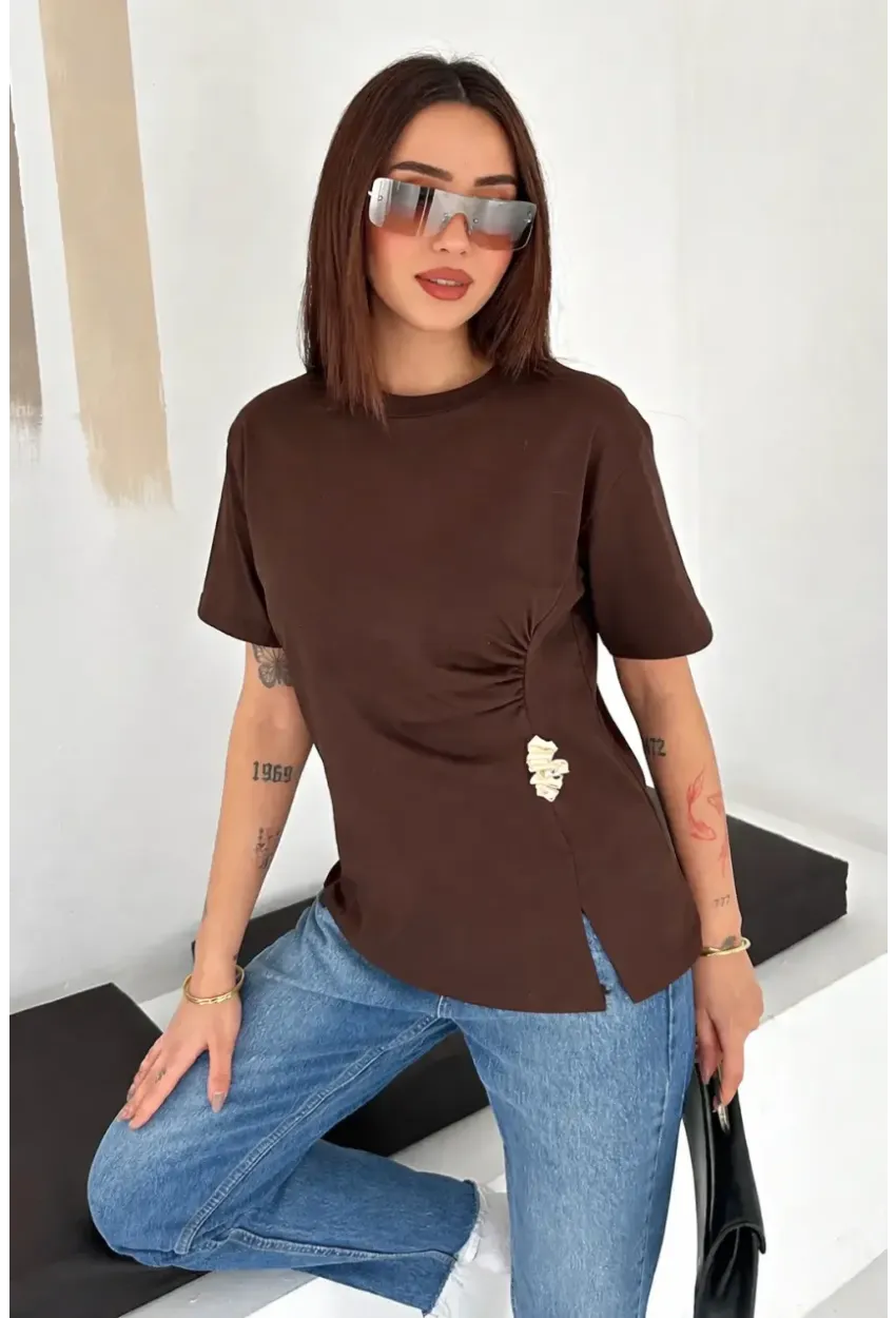 Kadın Metal Detaylı Drapeli Bluz Kahve