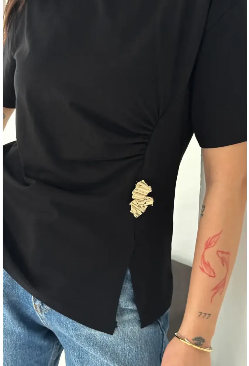 Kadın Metal Detaylı Drapeli Bluz Siyah