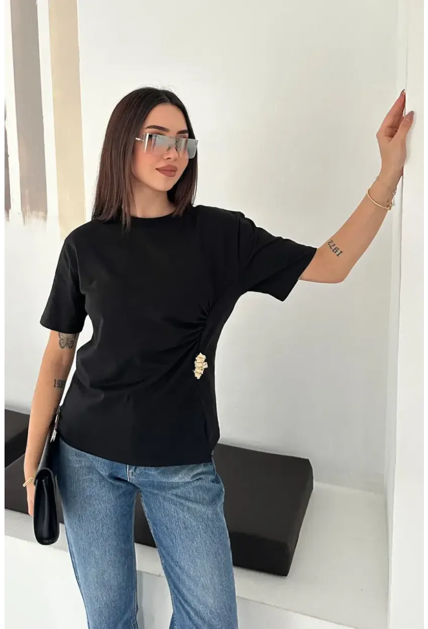 Kadın Metal Detaylı Drapeli Bluz Siyah