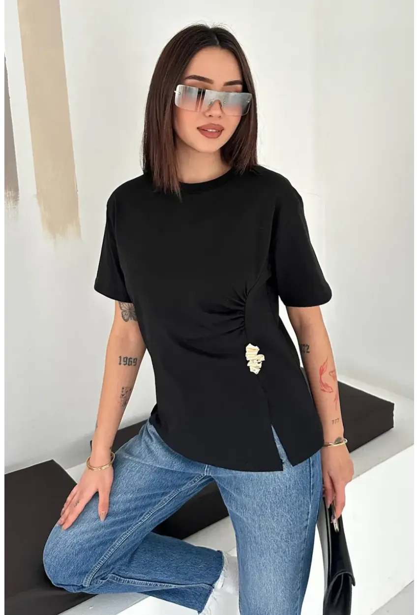 Kadın Metal Detaylı Drapeli Bluz Siyah