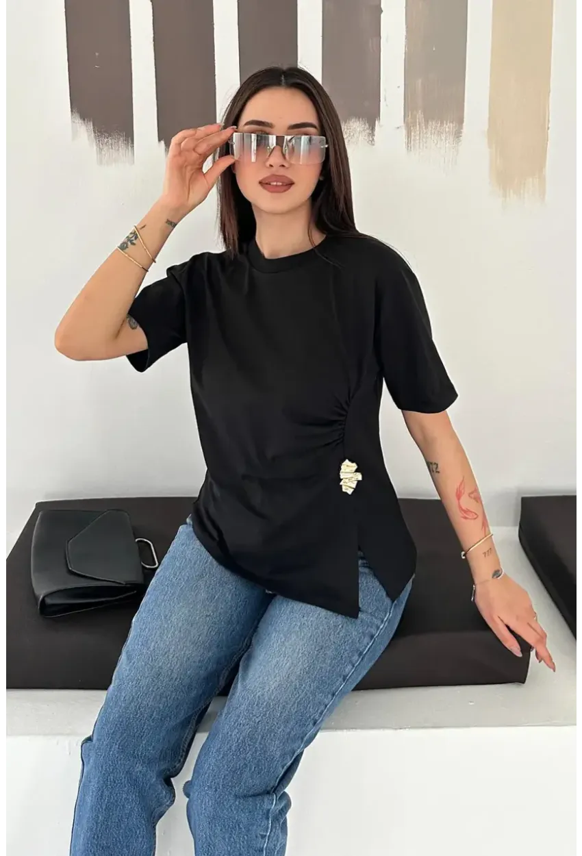 Kadın Metal Detaylı Drapeli Bluz Siyah