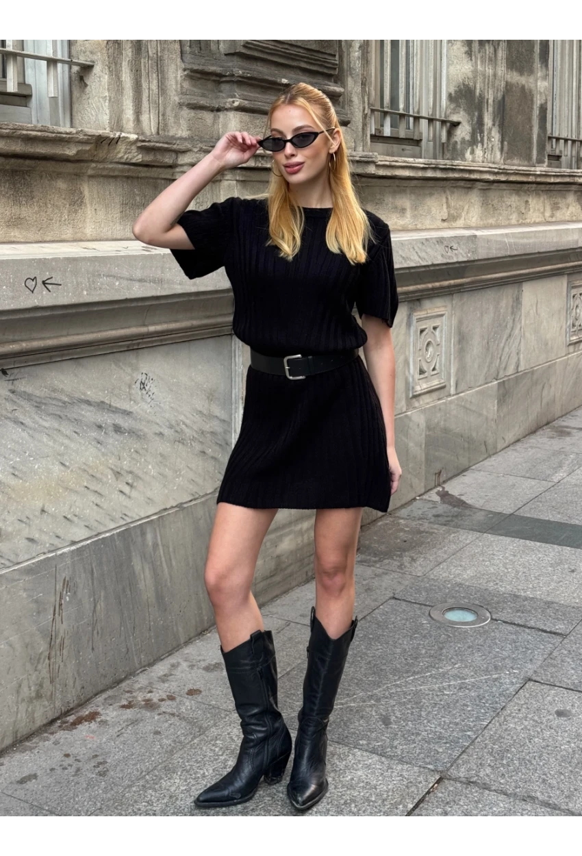 Kadın Nervürlü Mini Triko Elbise