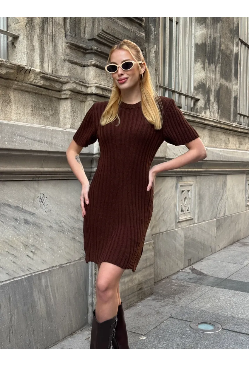 Kadın Nervürlü Mini Triko Elbise