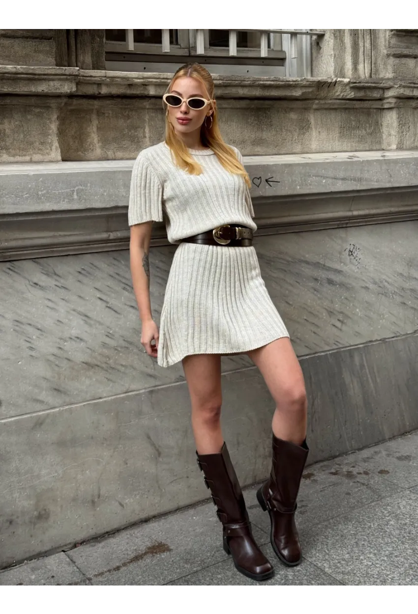 Kadın Nervürlü Mini Triko Elbise