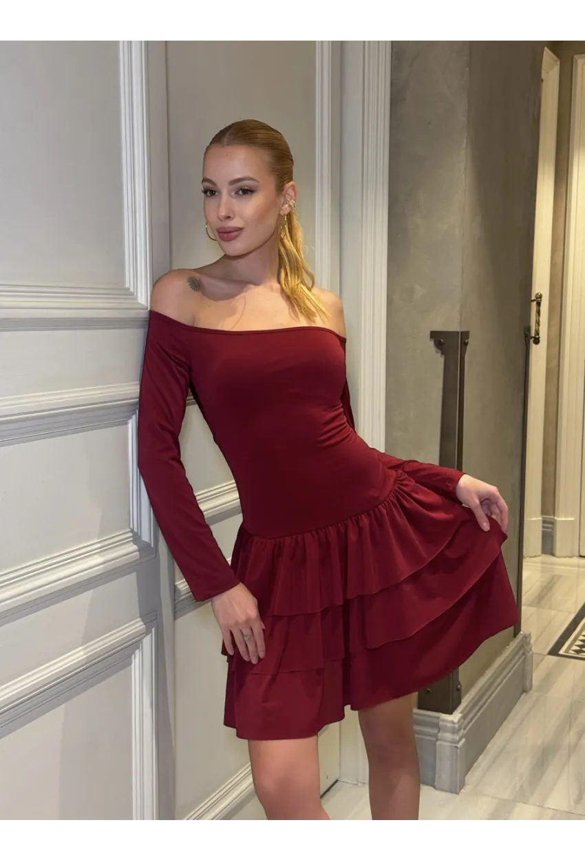 Kadın Omuz Detay Mini Elbise Bordo