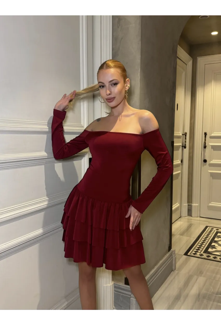 Kadın Omuz Detay Mini Elbise Bordo