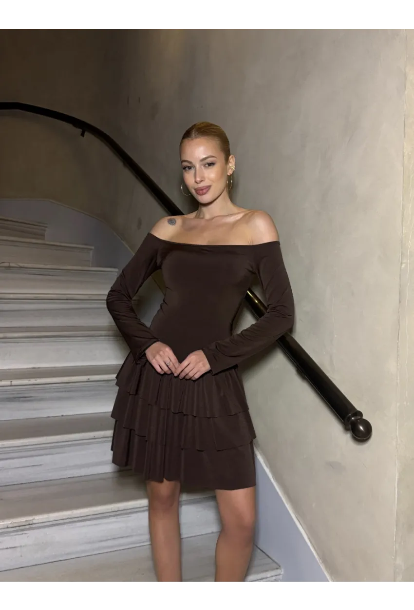 Kadın Omuz Detay Mini Elbise Kahve