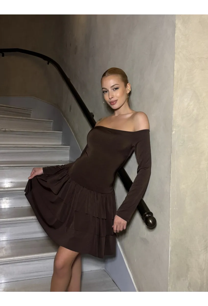 Kadın Omuz Detay Mini Elbise Kahve