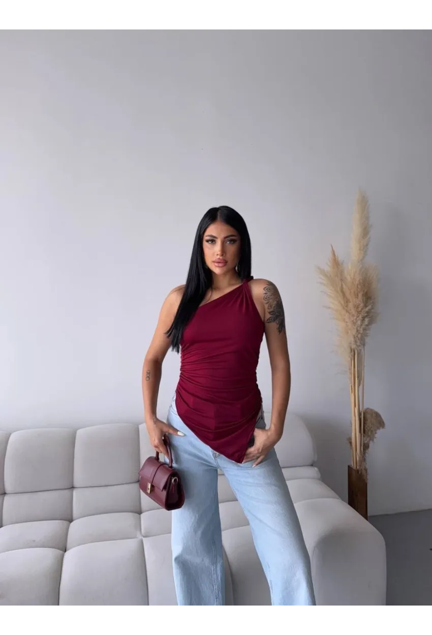 Kadın Omuz Detay Tasarım Bluz Bordo