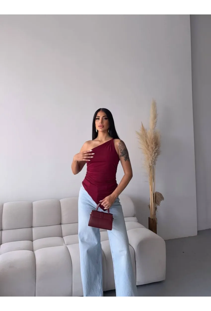 Kadın Omuz Detay Tasarım Bluz Bordo