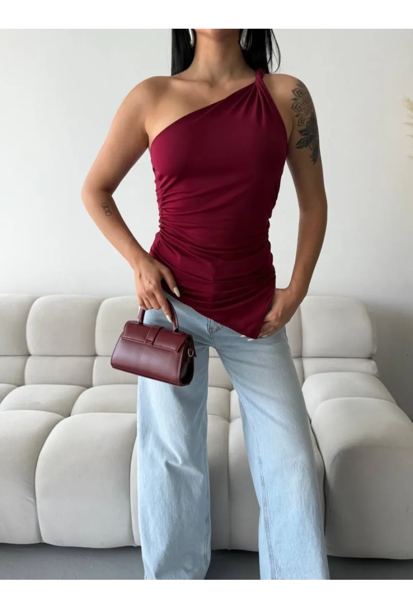 Kadın Omuz Detay Tasarım Bluz Bordo